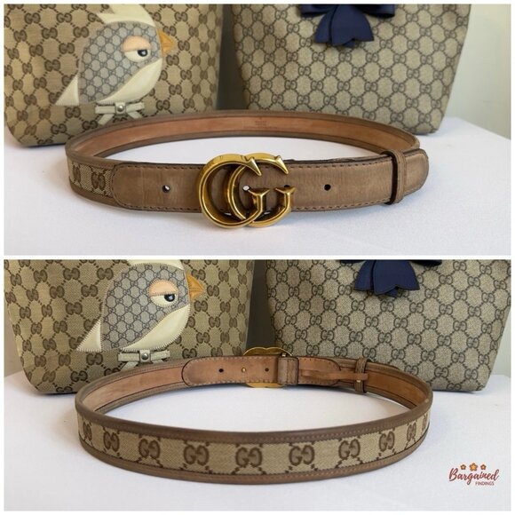 Authentic GUCCI Brown Monogram Canvas Gold double G Buckle Belt 85/34 - Picture 4 of 13